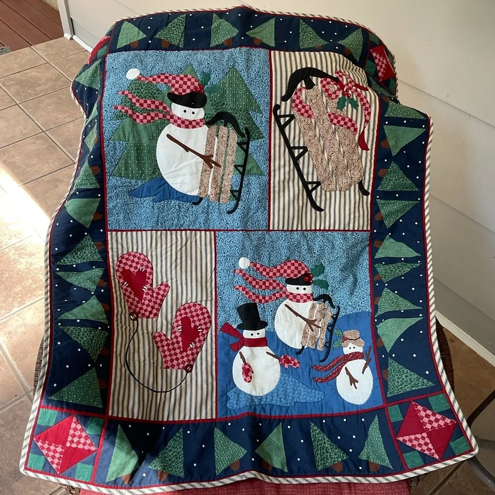 Festive Snowman Holiday Vtg Fabric Quilt wall hanging banner Flag Decor 34